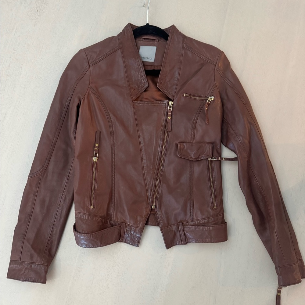 Pinko Chestnut Leather Jacket with Gold Zippers
